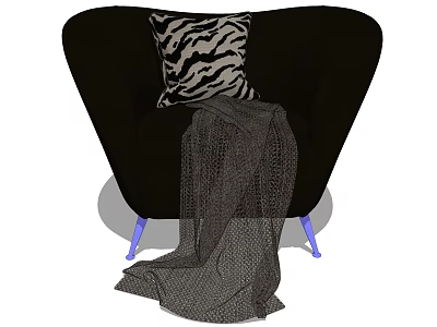 Stylish Black Single Sofa With Zebra Print Pillow Gray Throw Blanket And Blue Legs 3d model