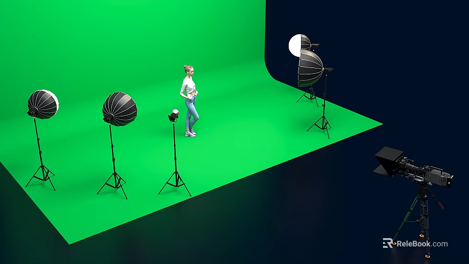 Green Screen Studio Setup With Female Model Professional Studio Lights And Camera 3d model 
