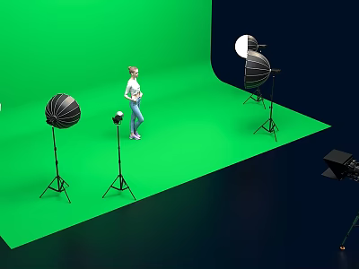 Green Screen Studio Setup With Female Model Professional Studio Lights And Camera 3d model