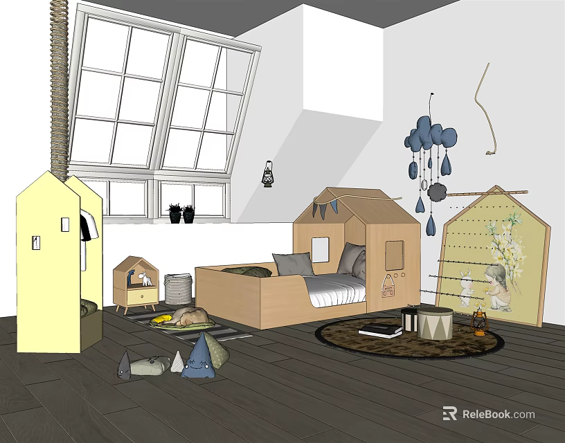 House Shaped Light Wooden Kids Bed In Cozy Room With Window Decorations And Toys Rug 3d model 