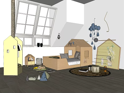 House Shaped Light Wooden Kids Bed In Cozy Room With Window Decorations And Toys Rug 3d model