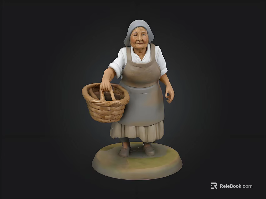 Elderly Woman Figurine Wearing Headscarf And Apron Holding Basket On Base 3d model 