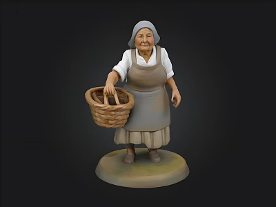 Elderly Woman Figurine Wearing Headscarf And Apron Holding Basket On Base 3d model