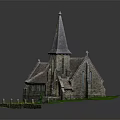 European Style Church with Stone Walls Tiled Roof Spire on Green Lawn with Stone Fence