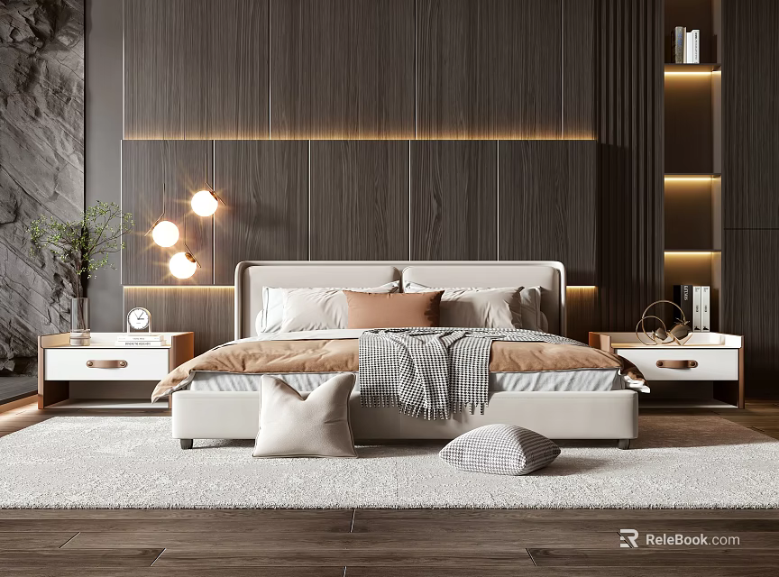 Modern Double Bed with Wooden Wall Nightstands Pillows and Soft Lighting on Plush Rug 3d model 