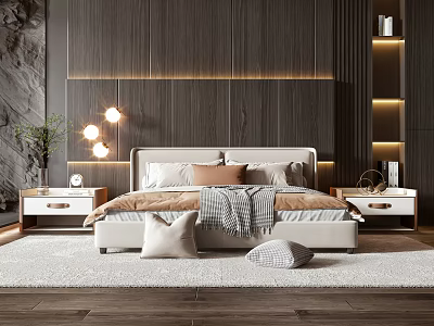 Modern Double Bed with Wooden Wall Nightstands Pillows and Soft Lighting on Plush Rug 3d model