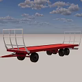 Industrial Red Flatbed Trailer With White Frame Structure On Green Grass And Blue Sky