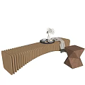Wooden Curved Public Chair Featuring Striped Design And Geometric Stool With Tray Decorations