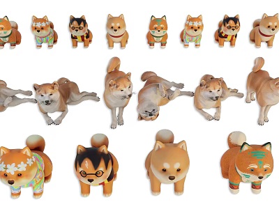 Cute Shiba Inu Figurines With Various Poses And Colorful Decorative Styles 3d model