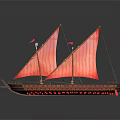 Traditional Wooden Boat With Red Sails Two Masts And Red Tassel Decorations