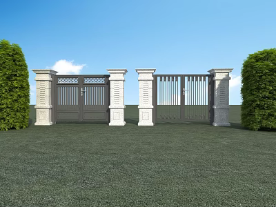 Wrought Iron Entrance Gate With Stone Pillars Green Bushes And Green Lawn 3d model