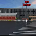 Industrial Factory Building with Red Flags Glass Canopy Entrance and Spacious Square
