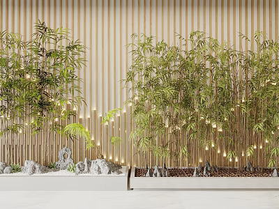 Bamboo Plants Decorative Display In Indoor Setting With Green Foliage And Warm Lighting 3d model
