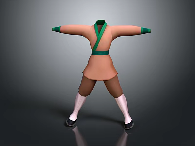 Traditional Martial Arts Costume With Brown Cross Collar Green Belt White Socks And Black Shoes 3d model