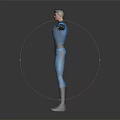 Man in Blue Spandex Suit with Chest Emblem Standing Arms Outstretched
