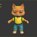3D Orange Cartoon Cat Character With Big Eyes Yellow T-shirt Green Suspenders Blue Pants Standing