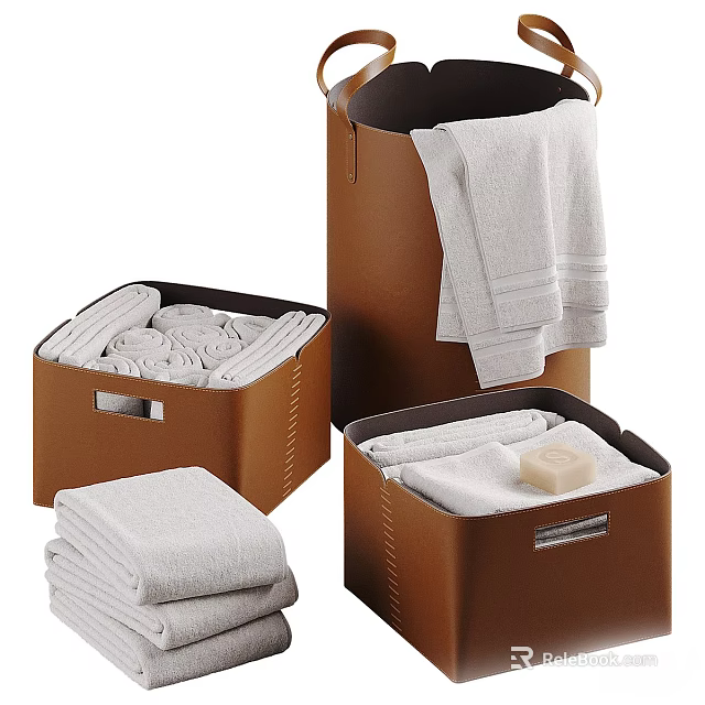 Laundry Essentials Organized in Brown Storage Boxes with White Towels and Soap Bar 3d model 