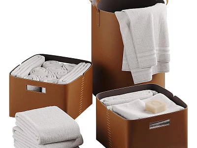 Laundry Essentials Organized in Brown Storage Boxes with White Towels and Soap Bar 3d model