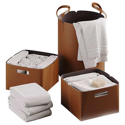 Laundry Essentials Organized in Brown Storage Boxes with White Towels and Soap Bar 3d model