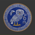 Blue Decorative Plate Featuring Owl Design Greek Pattern And AOE Lettering