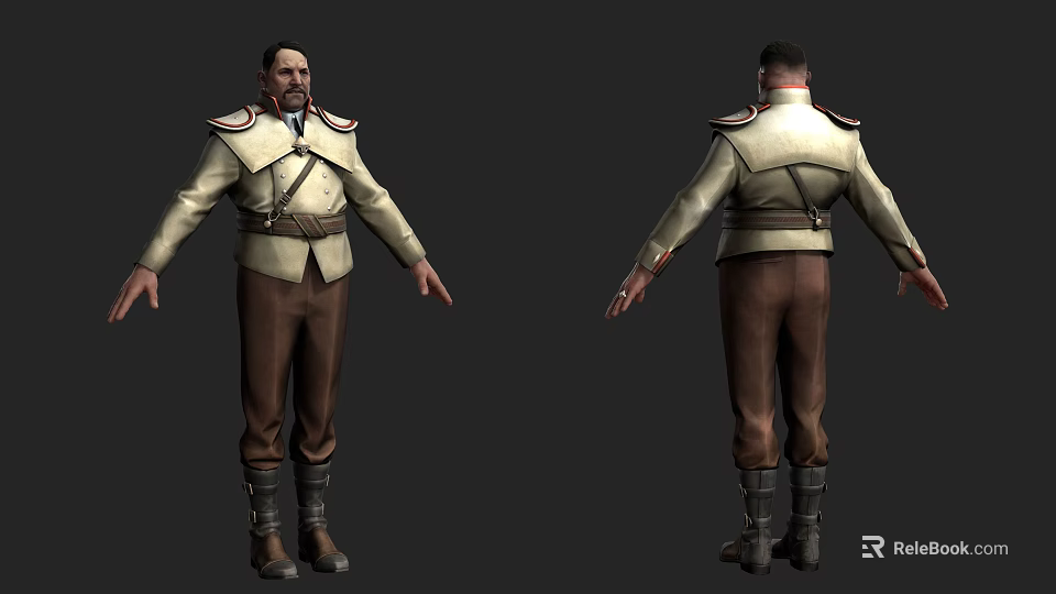 Game Movie Character In Light Uniform With Epaulets Belt Brown Pants And Dark Boots 3d model 