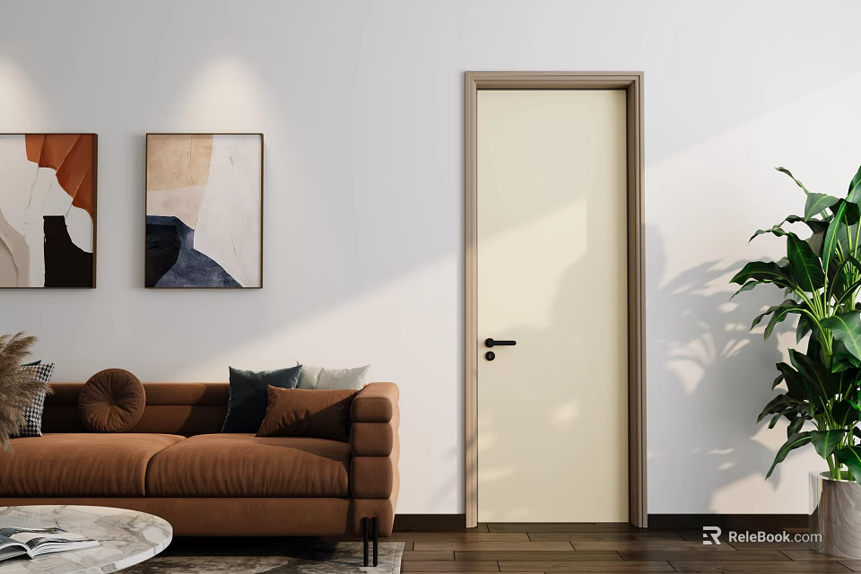 Modern Living Room Featuring Beige Swing Door Brown Sofa Decorative Artworks And Potted Plant 3d model 