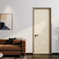 Modern Living Room Featuring Beige Swing Door Brown Sofa Decorative Artworks And Potted Plant