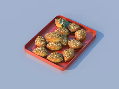 Golden Sesame Covered Pastries Arranged On Red Tray For Snacks 3d model