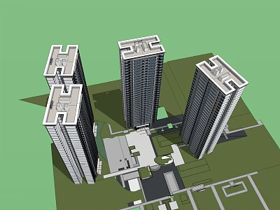 Tall Residential Buildings Complex With Green Space And Surrounding Open Roads 3d model