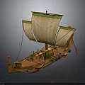 Ancient Wooden Water Vessel with Multiple Sails Oars and Decorative Hull Design