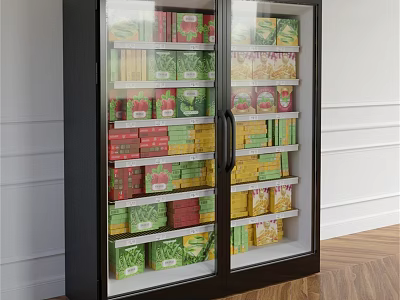 Black Double Door Glass Display Cabinet Holding Colorful Packaged Goods On Multiple Shelves 3d model