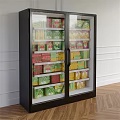 Black Double Door Glass Display Cabinet Holding Colorful Packaged Goods On Multiple Shelves