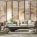 Chinese Style Sofa Coffee Table Combination With Decorative Landscape Screen And Colorful Cushions