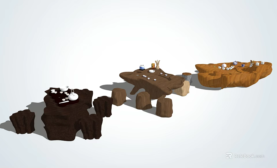 Natural Root Carving Tea Tables With Small Stools And Tea Sets 3d model