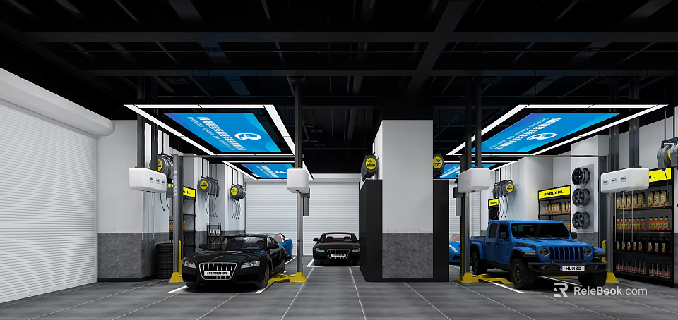 4S Car Service Workshop With Repair Bays Lifts Blue Signage And Parked Vehicles 3d model 
