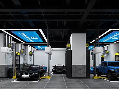 4S Car Service Workshop With Repair Bays Lifts Blue Signage And Parked Vehicles 3d model