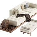 Modern Minimalist White Multi Person Sofa with Cushions Blanket Wooden Base and Matching Ottoman