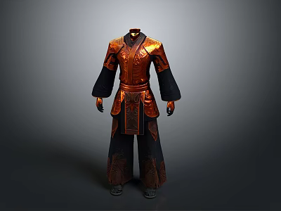 3D Character Wearing Traditional Red Gold Outfit With Chinese Dragon Pattern And Black Sleeves 3d model