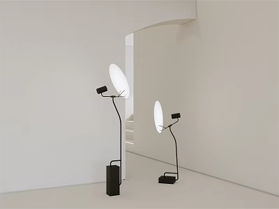Modern Floor Lamps With White Circular Shades And Black Bases In Minimalist Interior 3d model