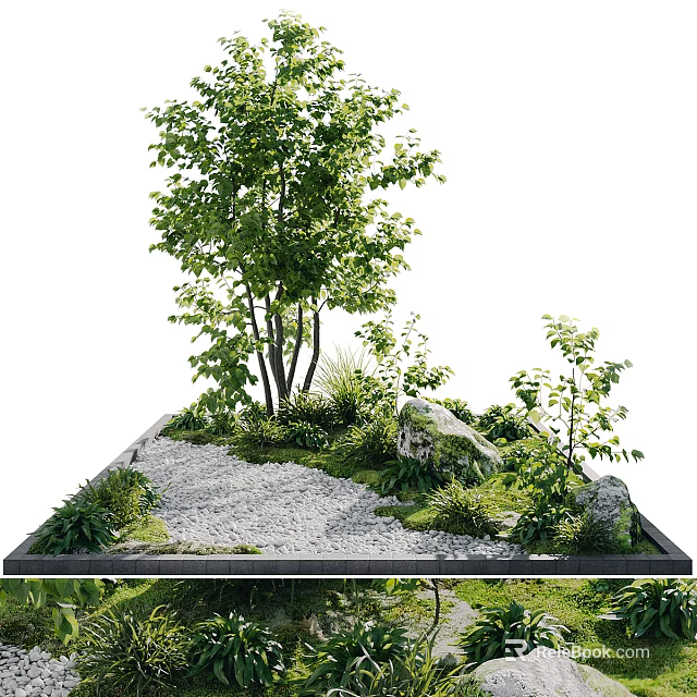 Serene Natural Garden Landscape Design With Lush Trees Stones And Gravel Path 3d model 