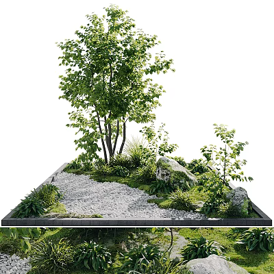 Serene Natural Garden Landscape Design With Lush Trees Stones And Gravel Path 3d model
