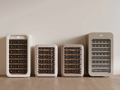 Modern Light Colored Wine Coolers On Wooden Floor With Multiple Sizes And Bottle Storage Racks 3d model