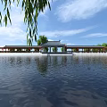 Traditional Chinese Garden Landscape With Wooden Corridor Red Lanterns Willow Trees And Waterfront Reflections