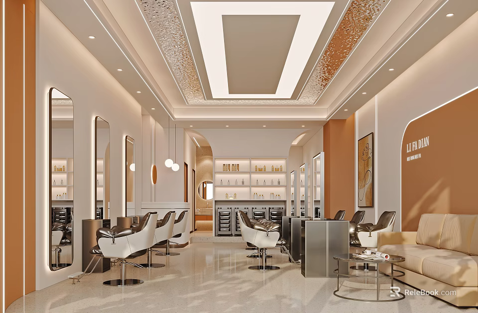 Modern Elegant Hair Beauty Salon Interior Design With Professional Styling Stations And Comfortable Waiting Area 3d model 