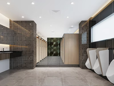 Modern Public Restroom Interior With Tiled Walls Stalls Urinals And Washbasins 3d model