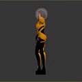 Futuristic Character In Orange And Black Tech Costume With Transparent Helmet