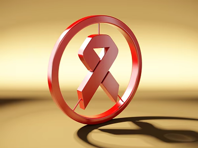 Professional Commercial Equipment Displaying Red Ribbon Symbol In Circular Frame With Golden Backdrop 3d model