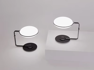 Modern Desk Lamps Featuring Round White Shades And Black Bases On White Platform 3d model