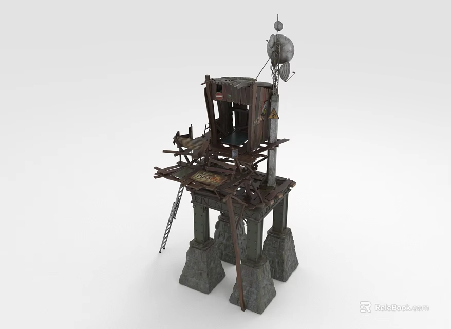 Cartoon Scene Dilapidated Tower With Multiple Platforms Stone Pillar Supports Satellite Dish On Top 3d model 