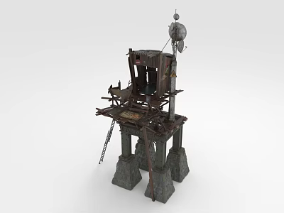 Cartoon Scene Dilapidated Tower With Multiple Platforms Stone Pillar Supports Satellite Dish On Top 3d model